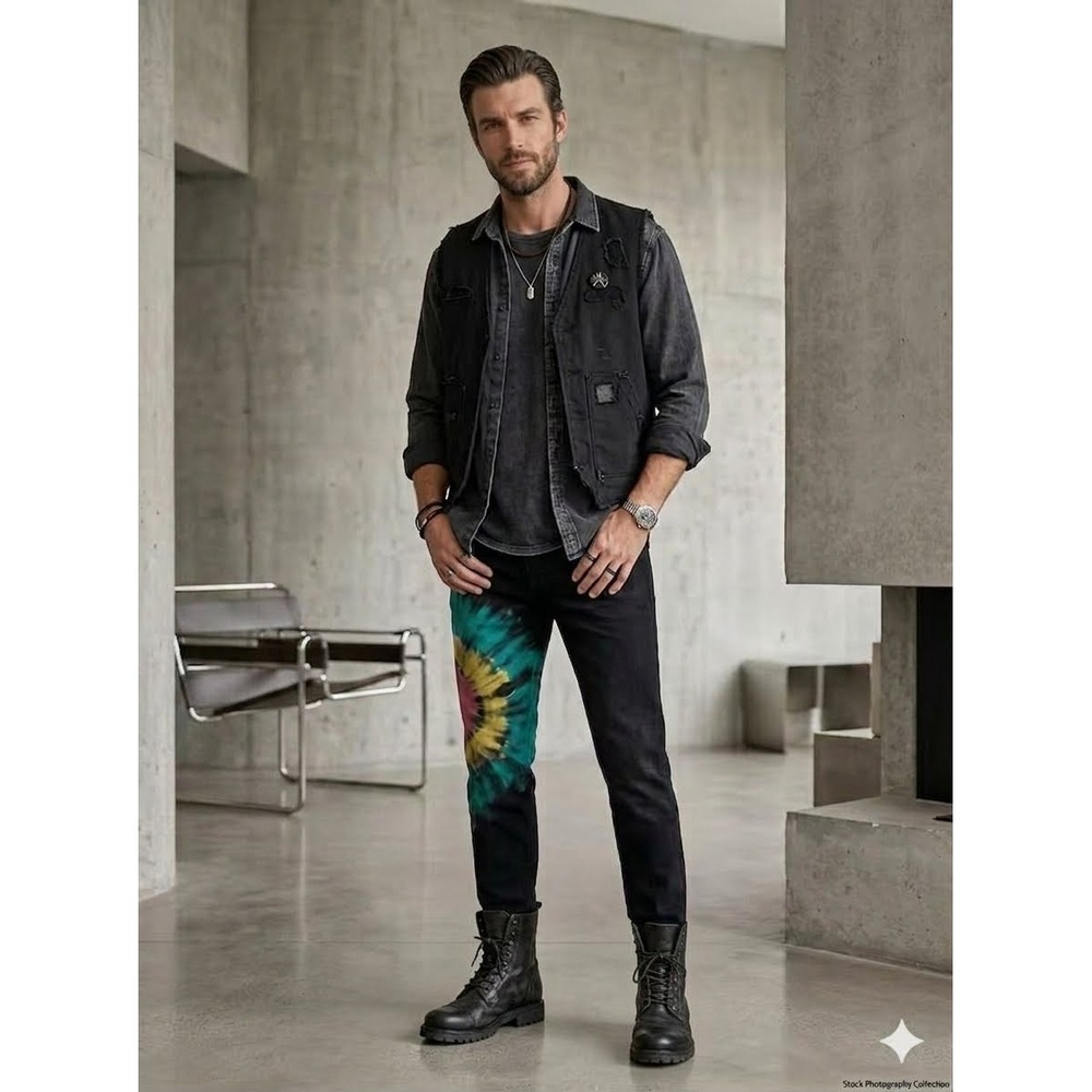Golden Denim Mens Blk Multicolor Tie Dye Distress Slim Jeans Snap Size Cuffs 36